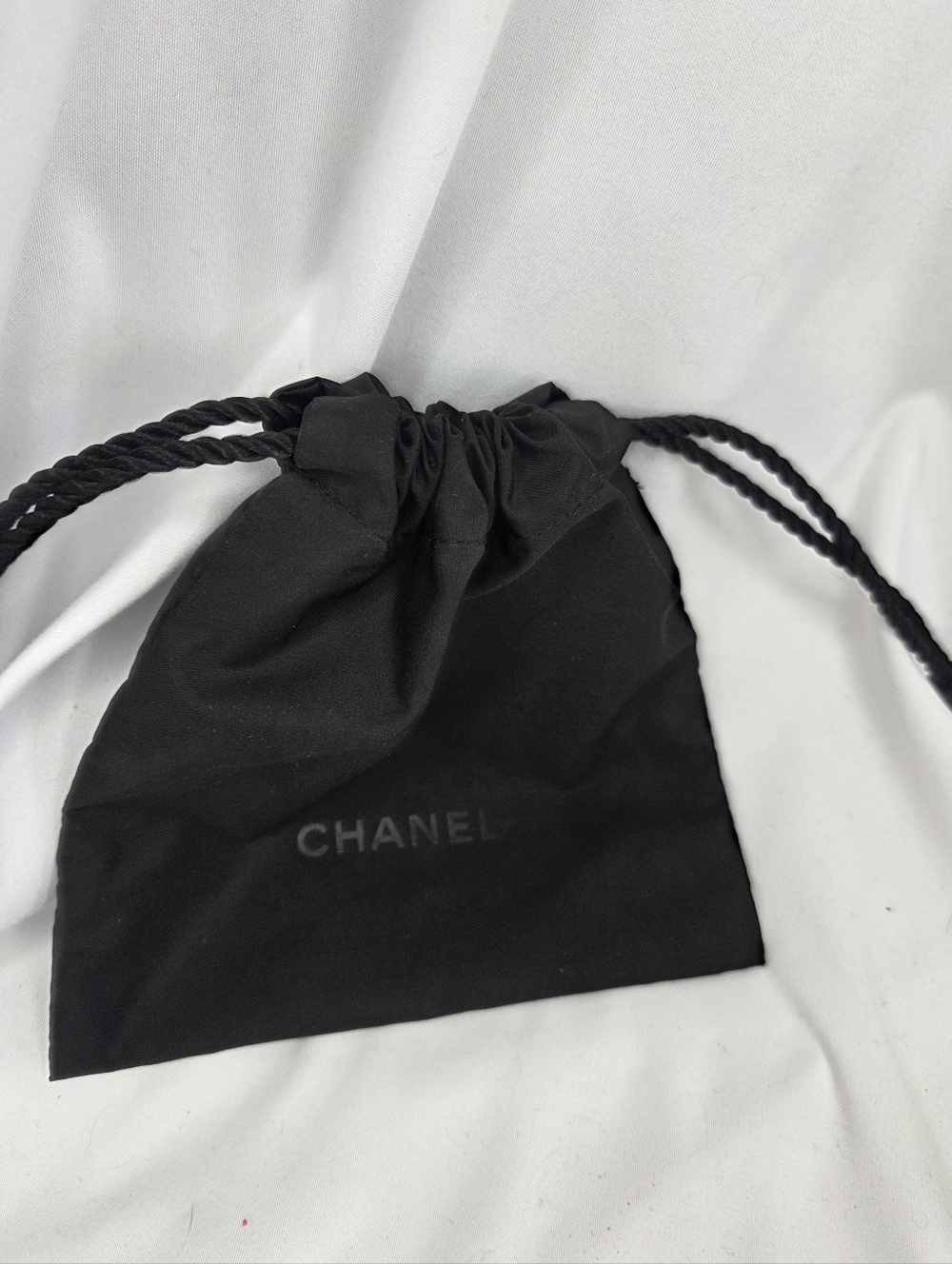 CHANEL Black Logo Drawstring Pouch For Travel Makeup Etc Like New 5.5 X 6"